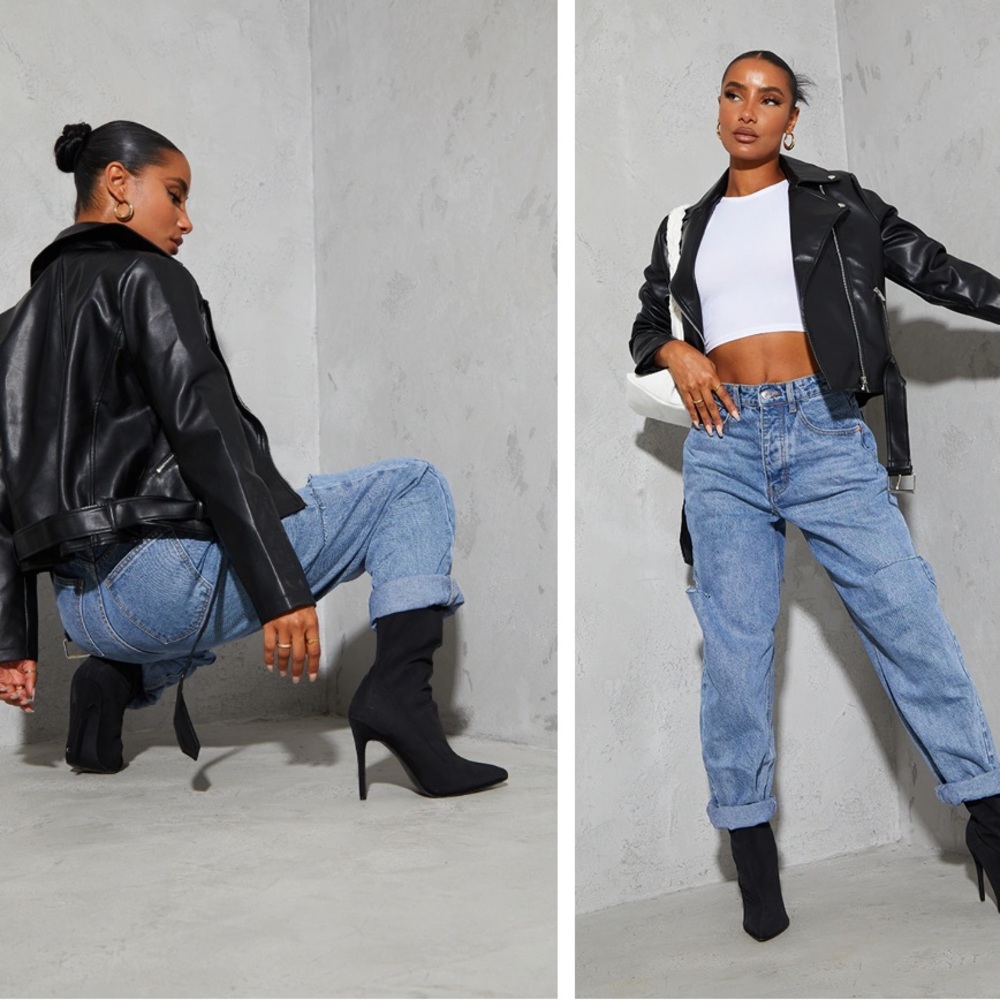 Black Faux Leather Regular Fit Belted Biker Jacket